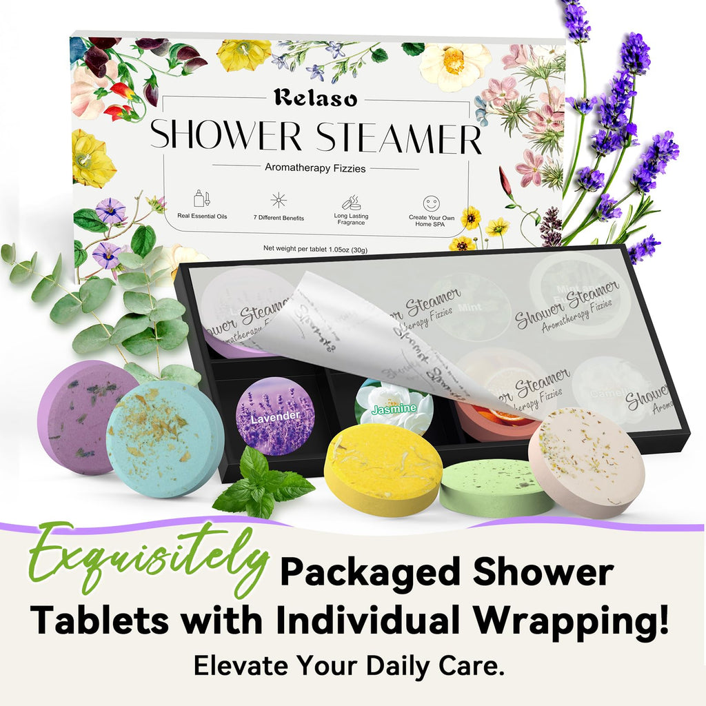 Relaso shower steamers displayed with natural essential oil ingredients