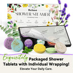 Relaso shower steamers displayed with natural essential oil ingredients