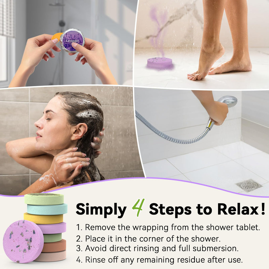 Relaso aromatherapy shower tablets placed on a shower floor setup