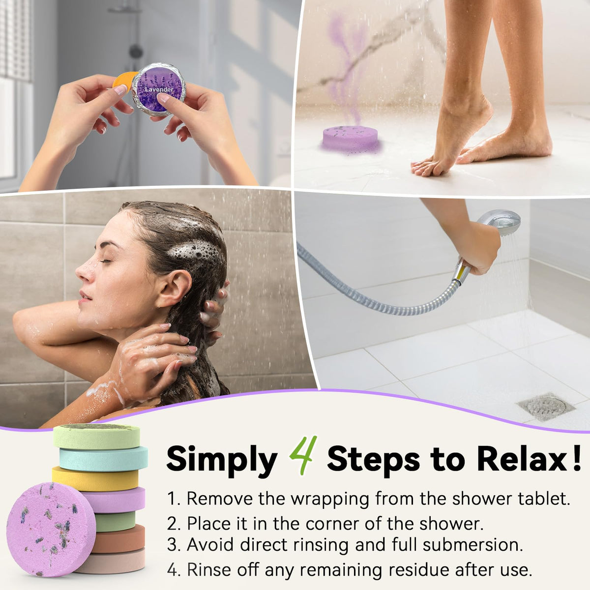 Relaso aromatherapy shower tablets placed on a shower floor setup