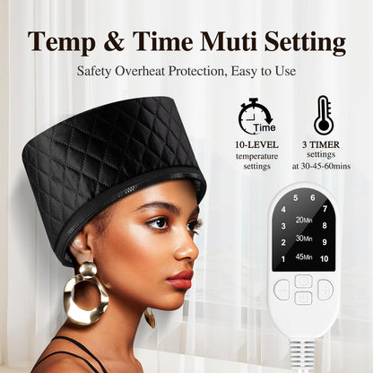 AOPOW portable steam cap for black hair illustrating the extra-large deep design suitable for thick curls.