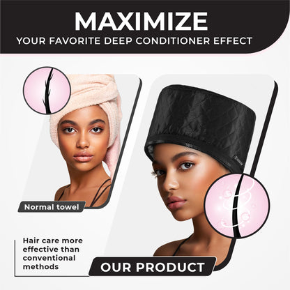 At home salon hair steaming cap lifestyle view during a deep conditioning treatment