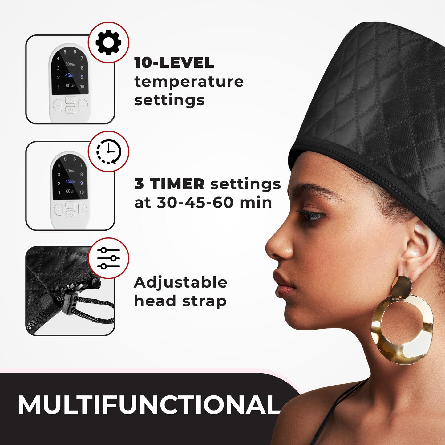 Black hair steamer cap highlighting the thick fireproof insulating silicon fiber lining