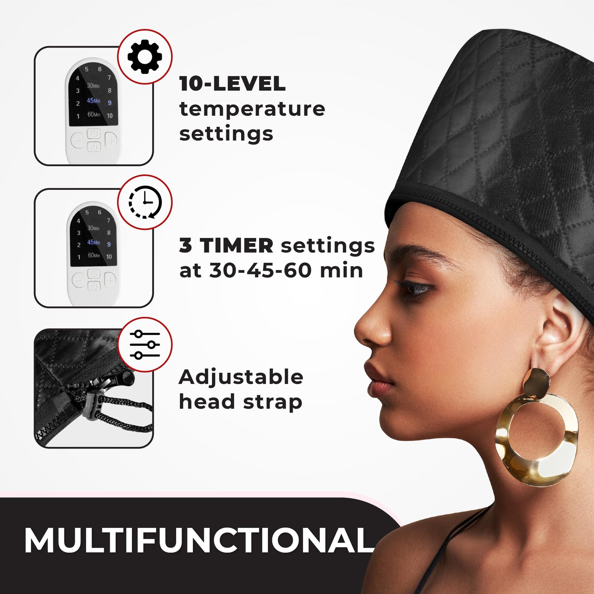 Black hair steamer cap highlighting the thick fireproof insulating silicon fiber lining