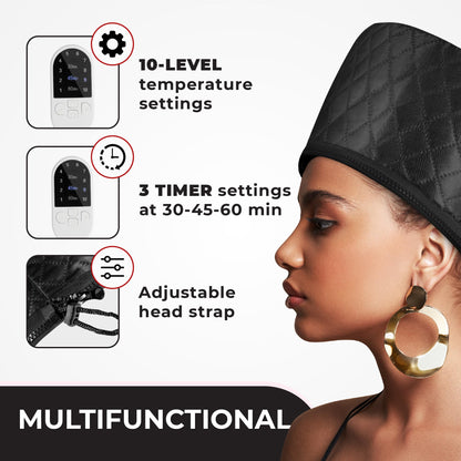 Black hair steamer cap highlighting the thick fireproof insulating silicon fiber lining