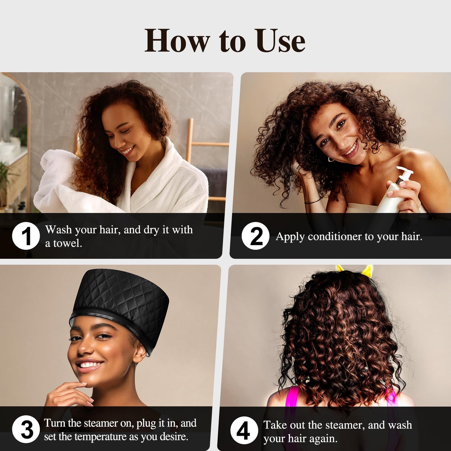 AOPOW automatic shut-off hair steamer cap emphasizing safe operation components and smart thermostat technology.