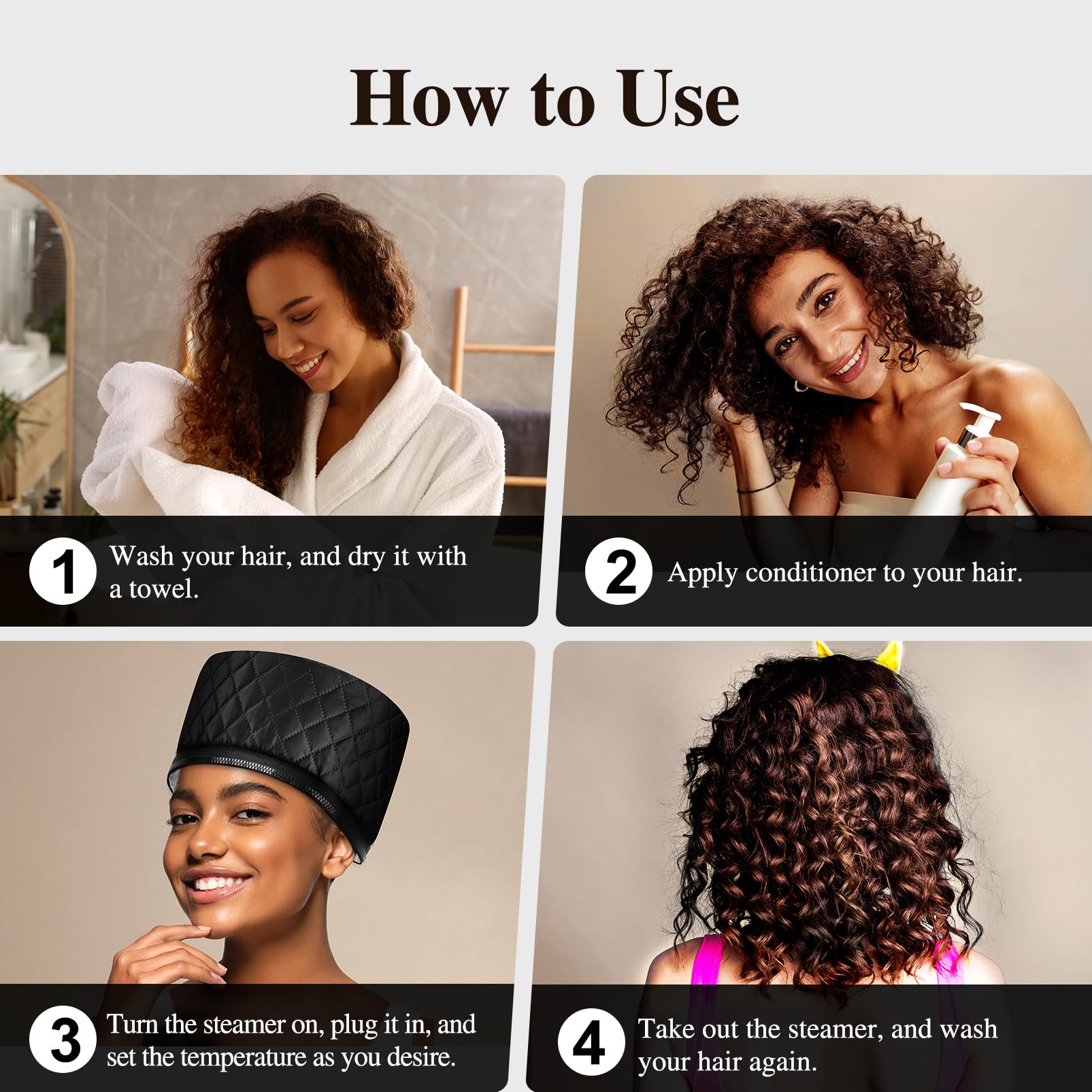 AOPOW automatic shut-off hair steamer cap emphasizing safe operation components and smart thermostat technology.