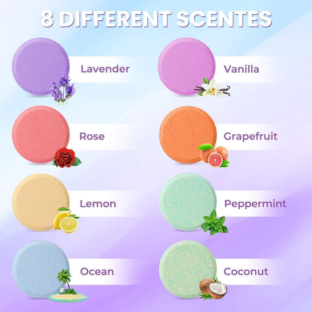 CalmNFiz shower bombs arranged to show different colored tablets
