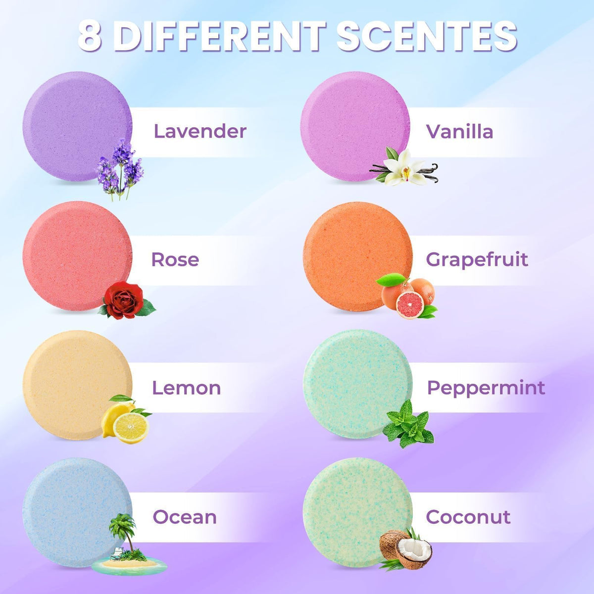 CalmNFiz shower bombs arranged to show different colored tablets