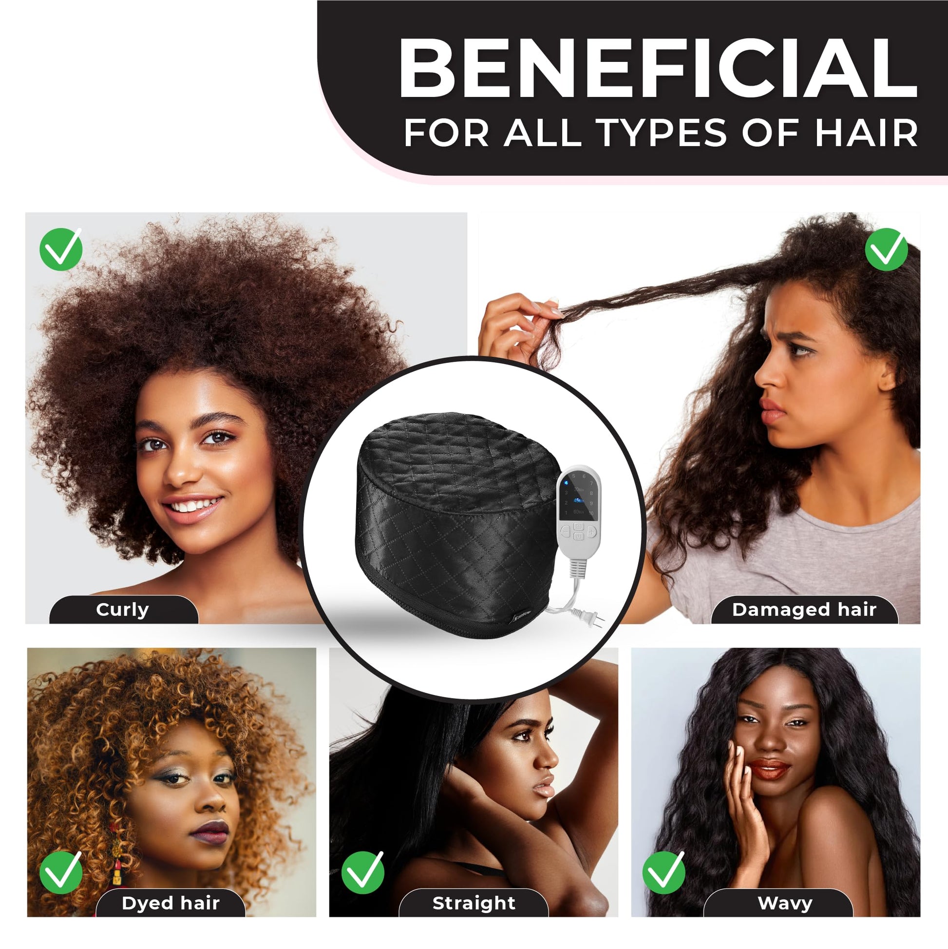 Heated hair cap for hair spa showing the comprehensive wide coverage design