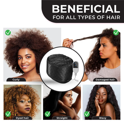 Heated hair cap for hair spa showing the comprehensive wide coverage design