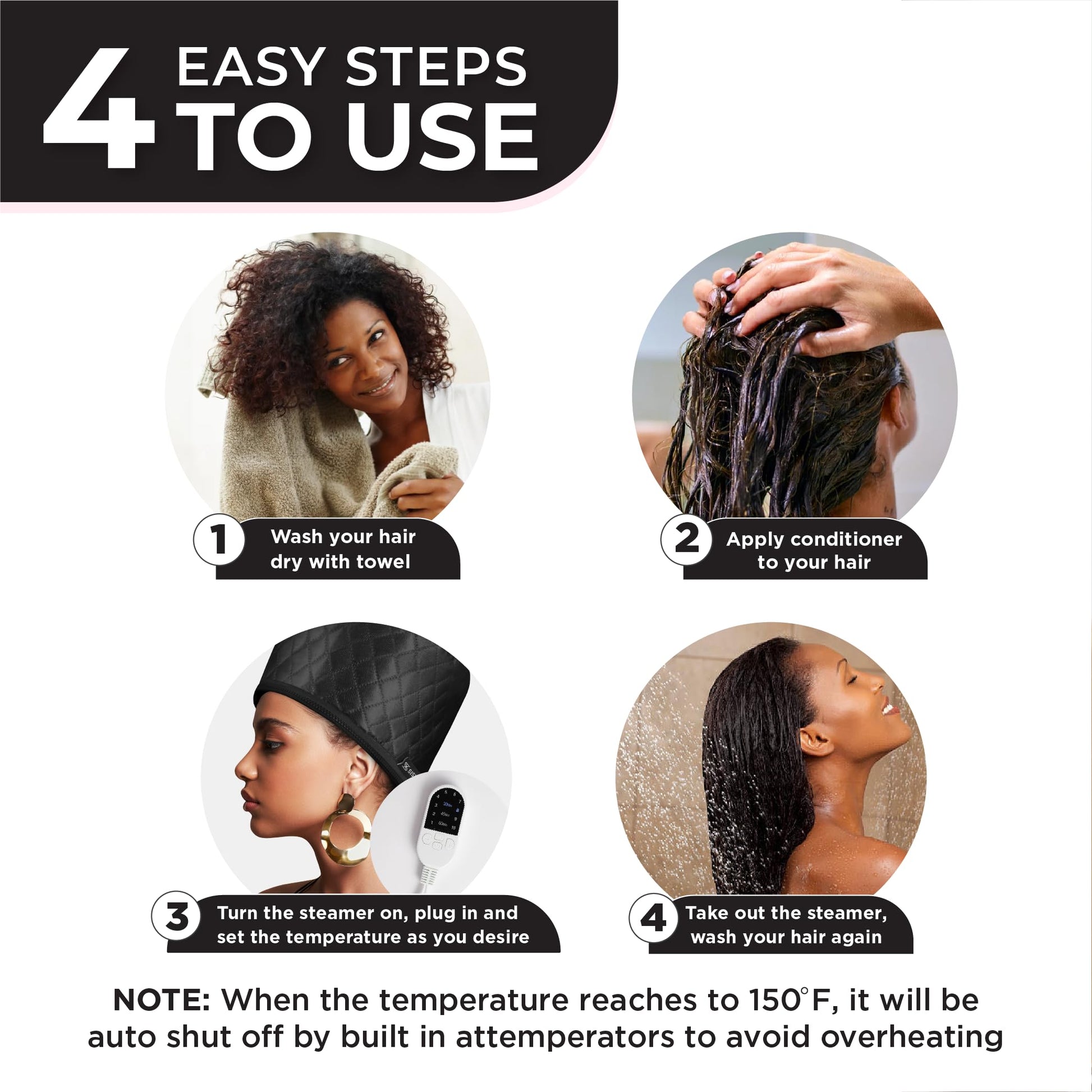SISWOW hair conditioning cap displaying the safe automatic power cord connection