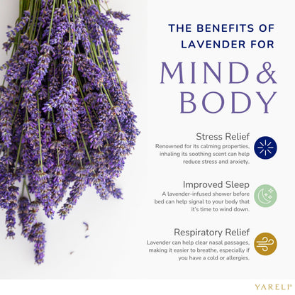 Yareli natural lavender shower bomb tablet dissolving on bathroom floor releasing essential oil steam