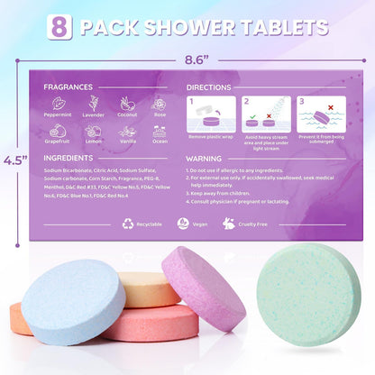 Premium eight count collection of imported wellness shower steamers perfect for birthday and holiday gifting.