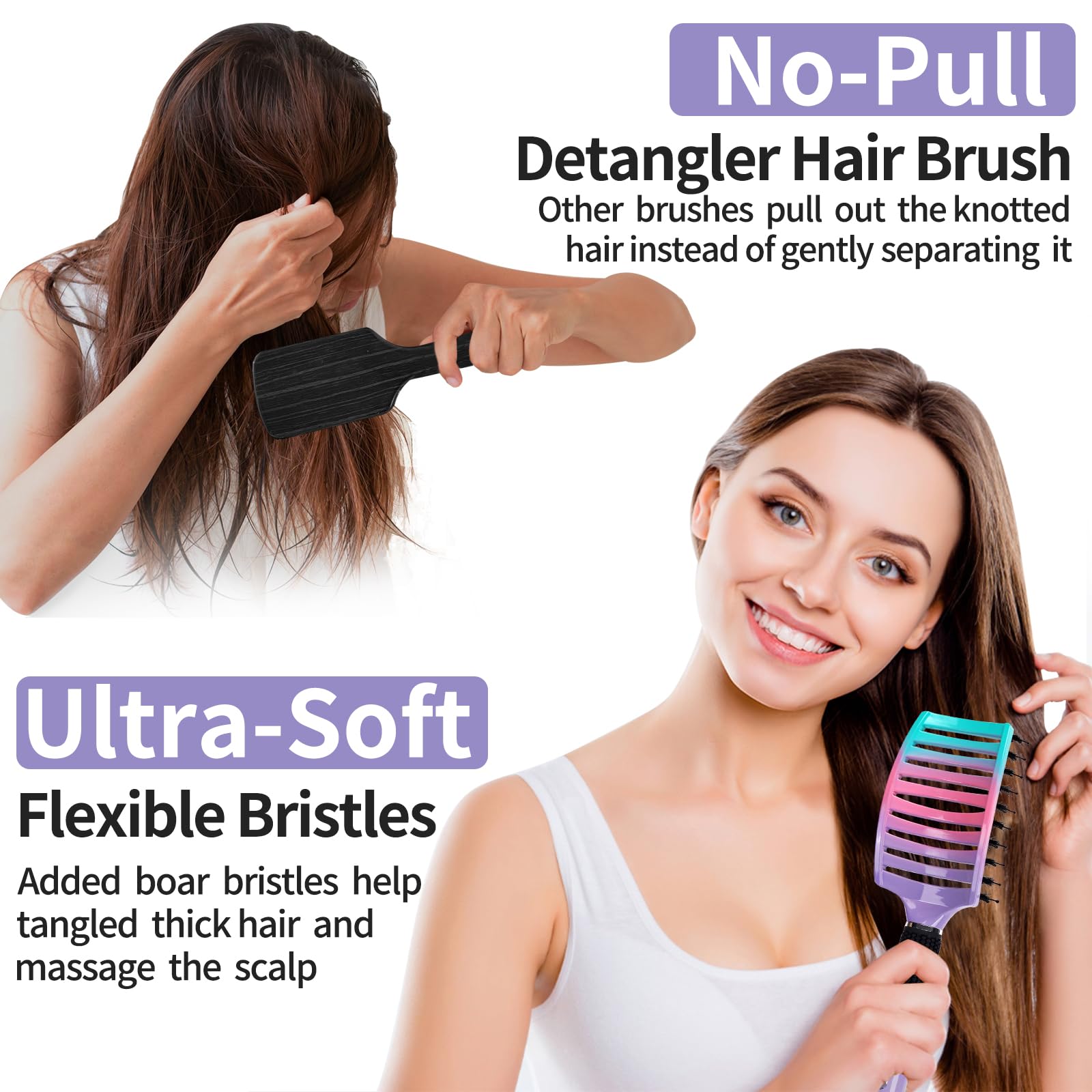 Hippih purple detangler brush with nylon pins close up