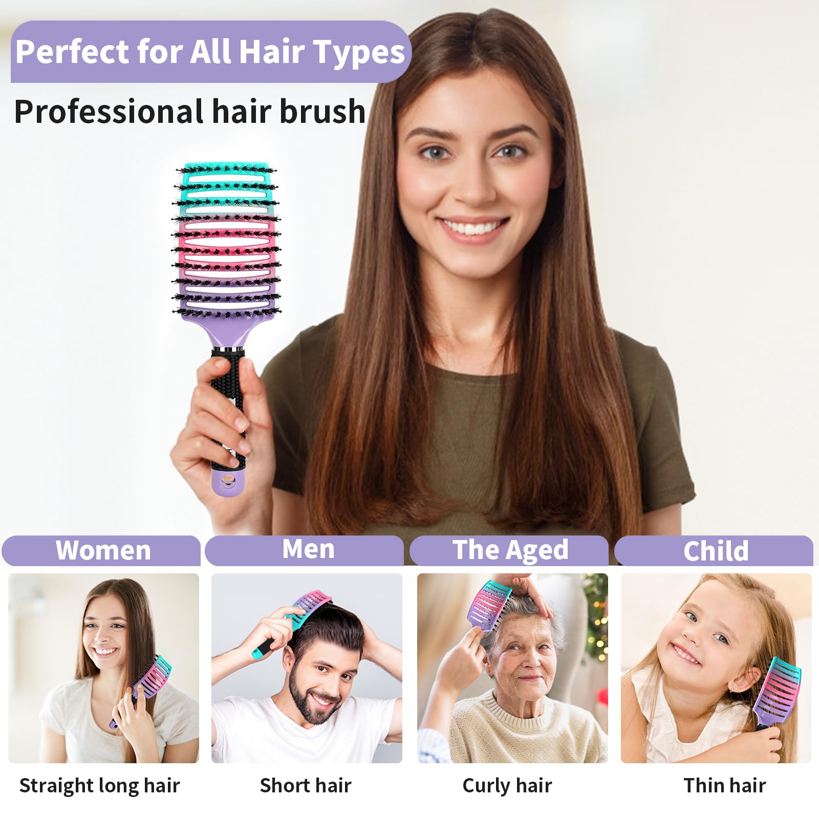 Side profile of Hippih detangling hair brush for thick hair