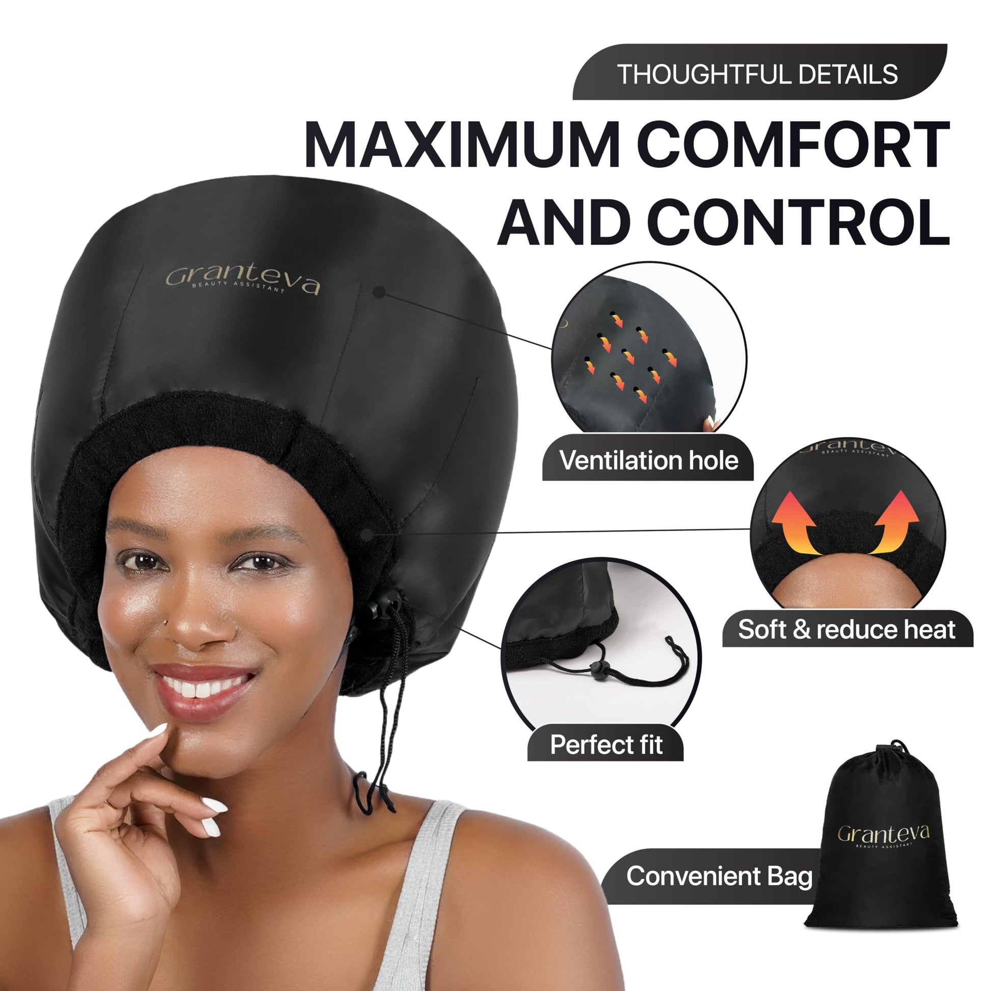 Close up view of the Granteva bonnet cap showing the integrated heat protection headband designed to shield ears.