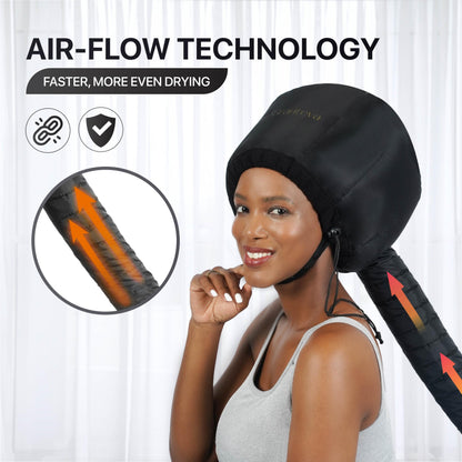 Granteva hair dryer hooded diffuser cap attached to a standard handheld blow dryer demonstrating hands free home use.