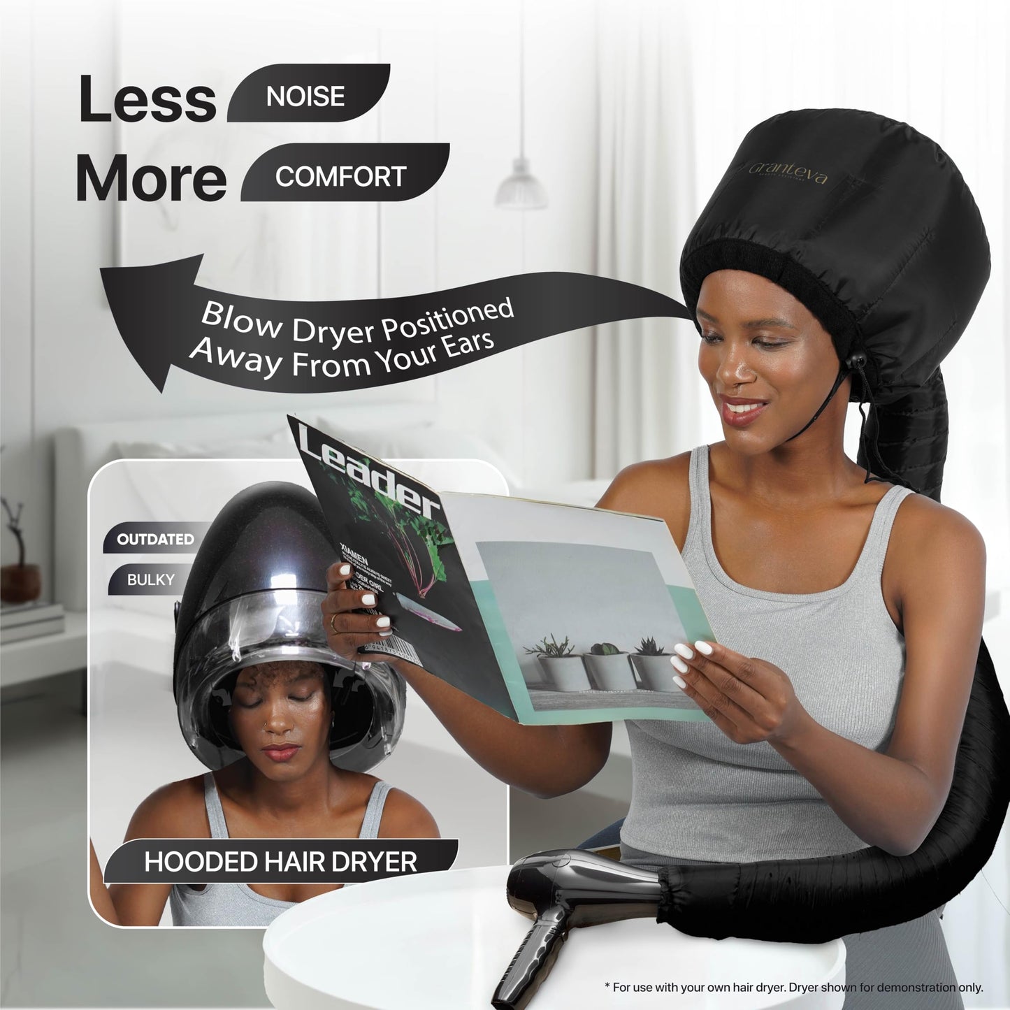 Side profile of a person wearing the Granteva large adjustable deep conditioning cap for uniform heat distribution.