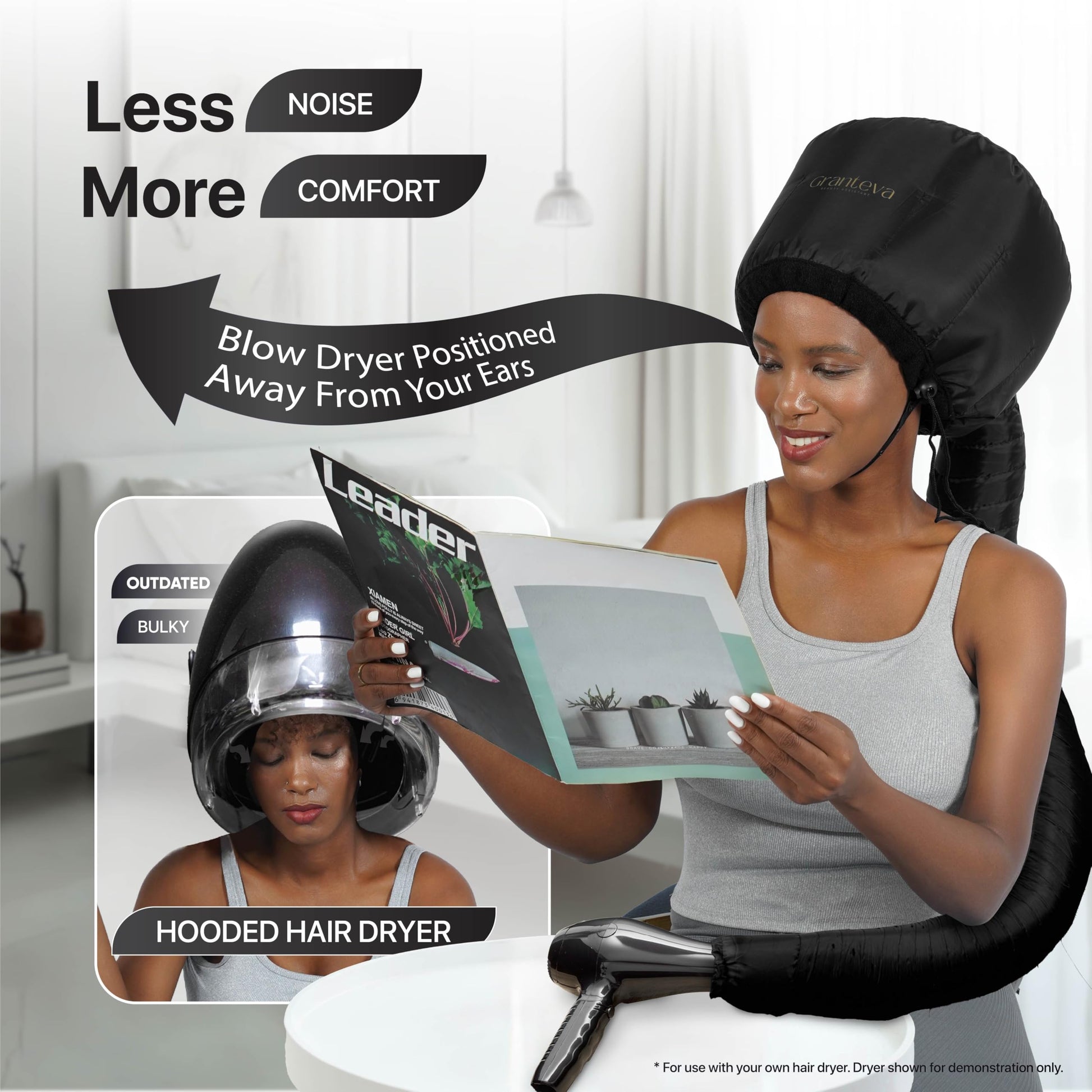 Side profile of a person wearing the Granteva large adjustable deep conditioning cap for uniform heat distribution.