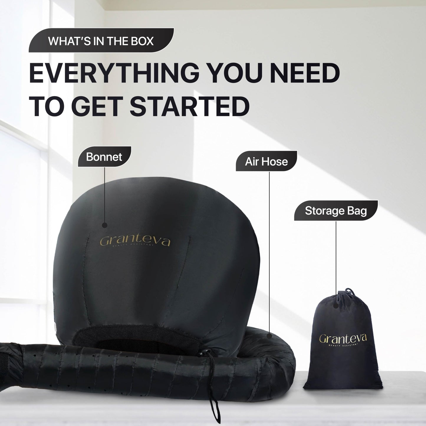 Granteva soft bonnet hair dryer hat packed flat showing its lightweight and portable travel friendly design.