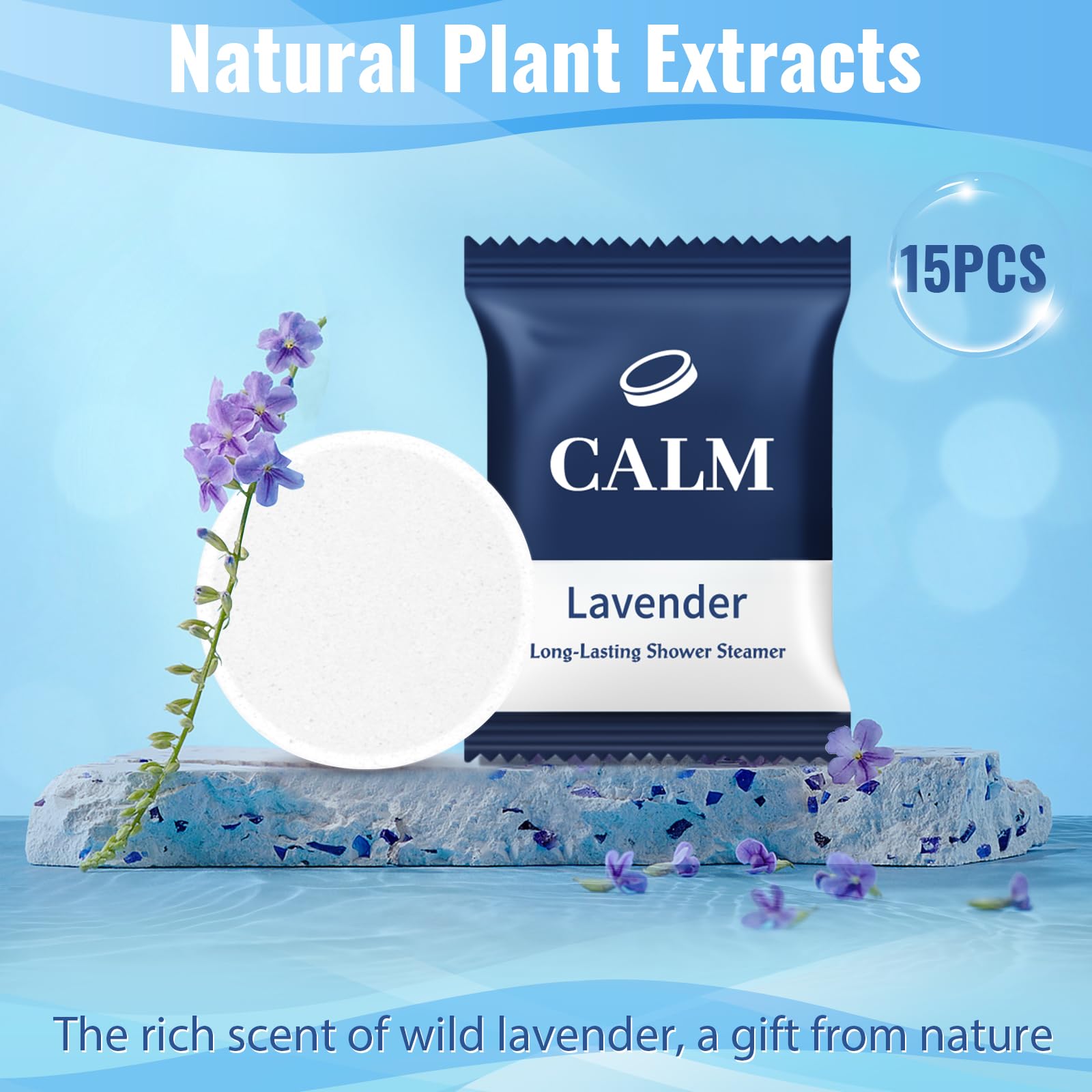 Individually wrapped purple lavender scented shower bombs arrayed on a counter