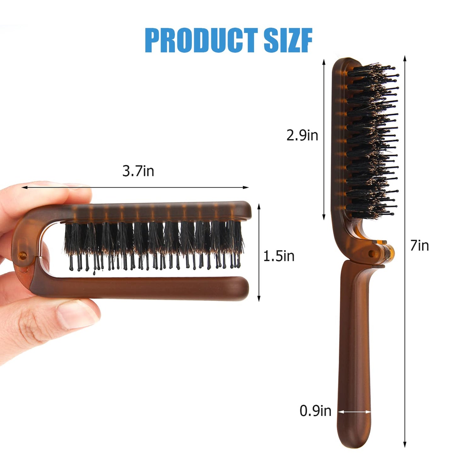 Ancable compact hair brush being held in hand to show scale