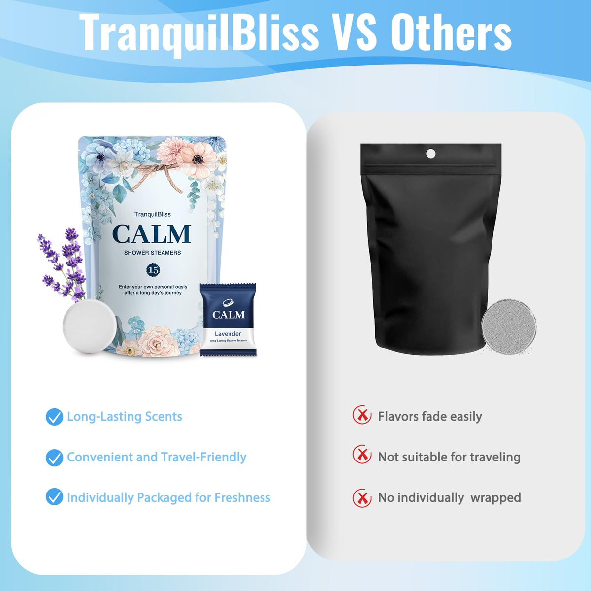 TranquilBliss lavender scent shower tablets close up