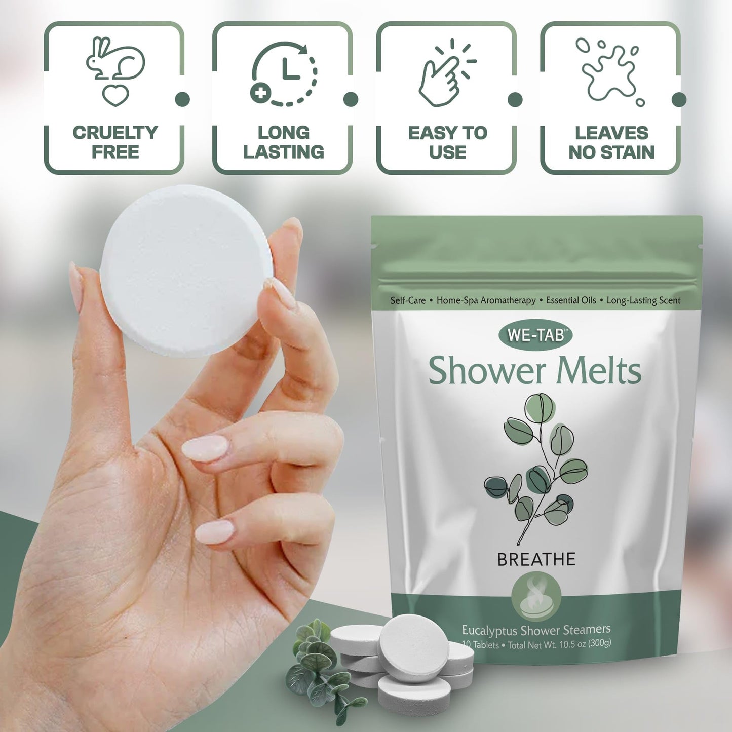 Aromatherapy shower tablet placed on the bathroom floor dissolving in warm steam.
