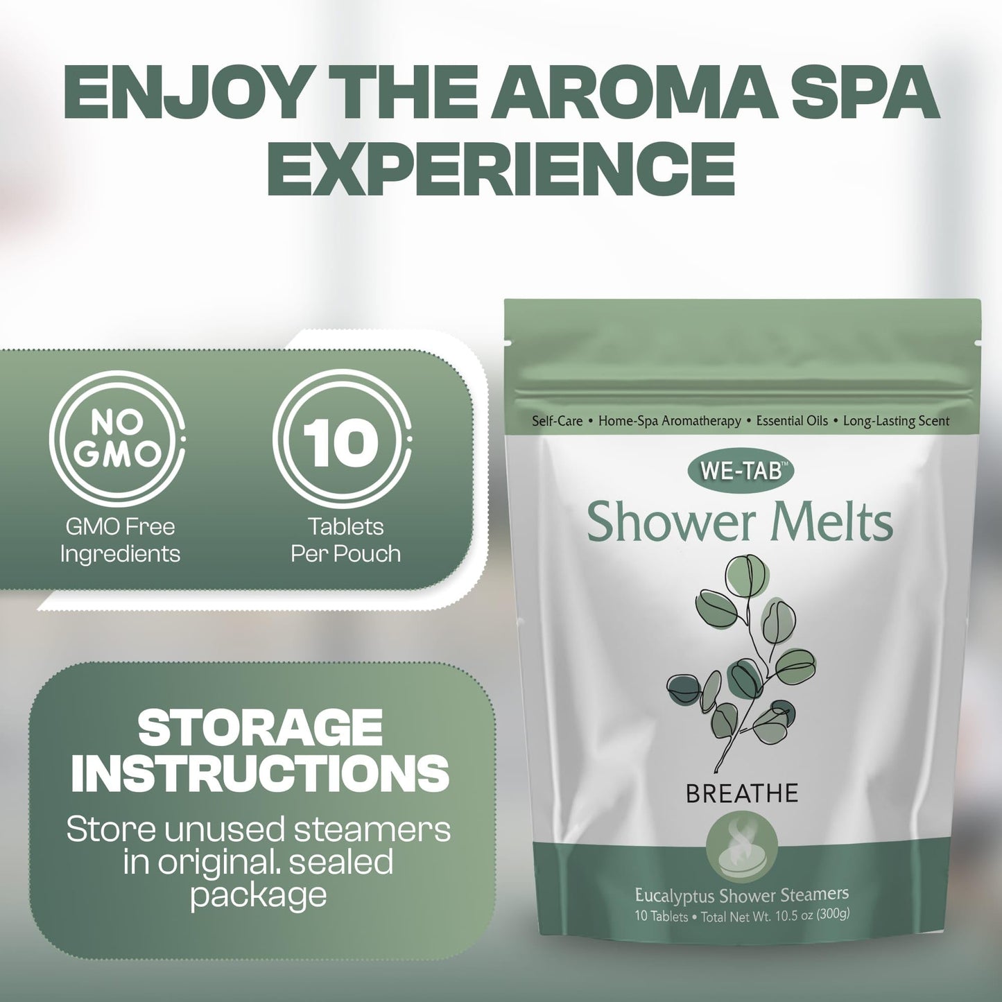 Premium eucalyptus aromatherapy shower steamers displayed next to fresh green leaves.