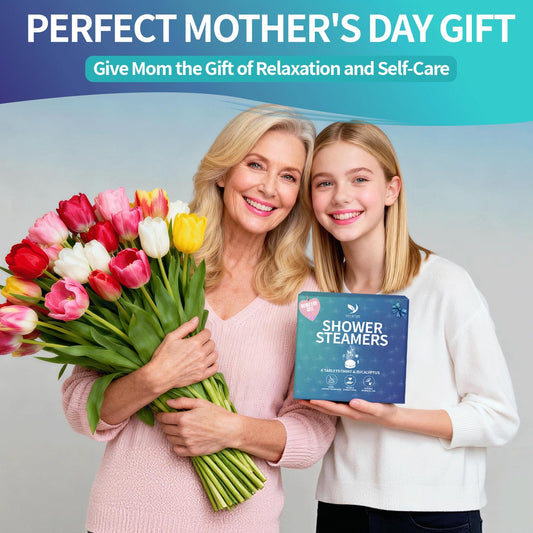 Individually wrapped eucalyptus and menthol shower bombs resting on a modern bathroom shelf.