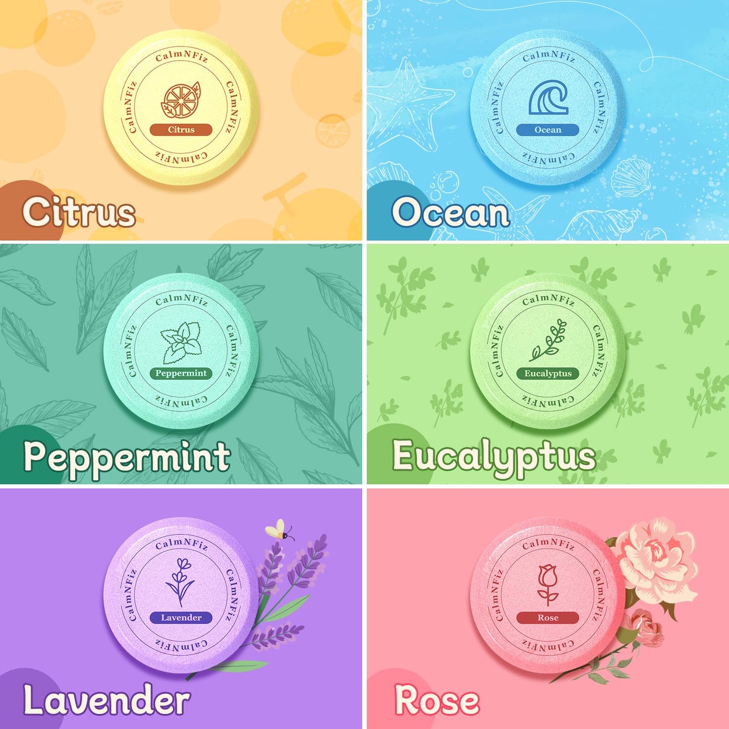 Six individual essential oil shower tablets unpacked showing different color variants