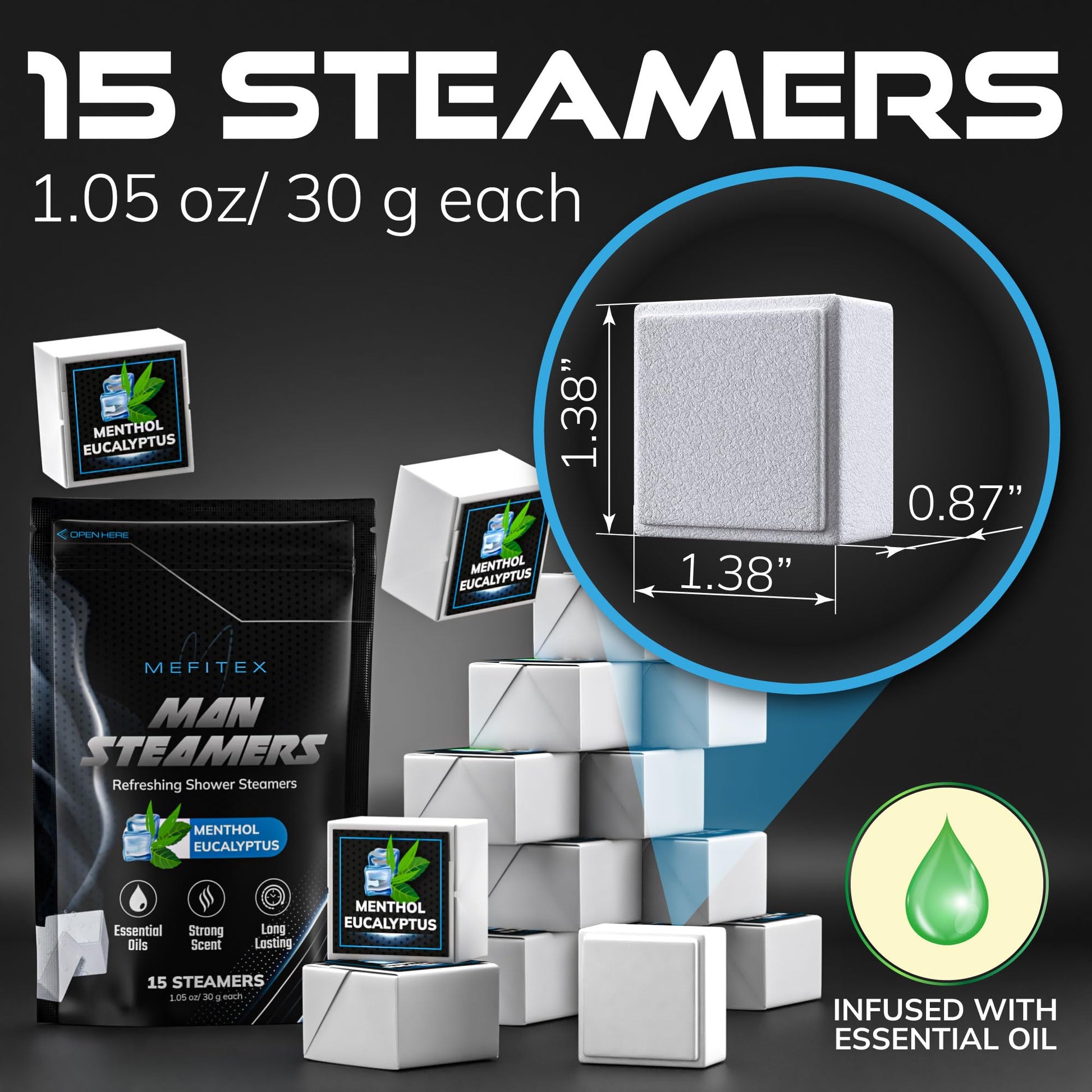 Slow dissolving sinus clearing vapor tablet sitting under indirect water stream in a modern shower.