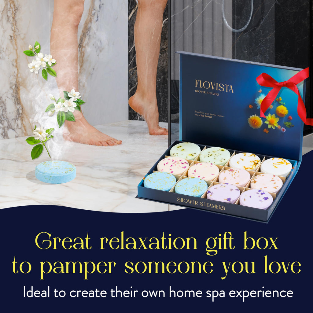 Flovista Mesmos Aromatherapy Shower Steamers open box showing assorted tablets