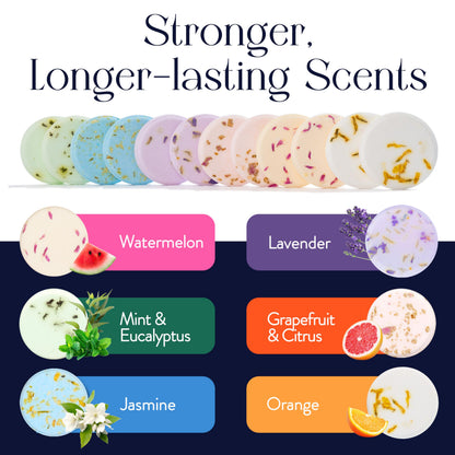 Back label view of the authentic MESMOS essential oil home spa shower tablets.