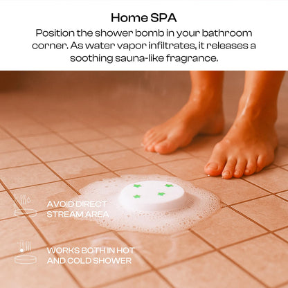 Rose aromatherapy shower steamer placed on bathroom tiles getting activated by water steam.