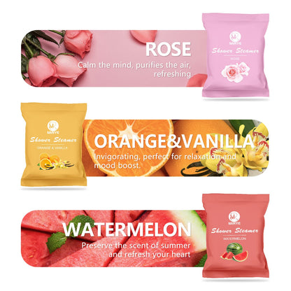 MR MIRYE organic shower bombs display showing six different essential oil scents including lavender and rose