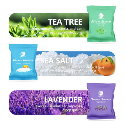 Close up look at twenty-five gram individual aromatherapy shower tablets outside their packaging