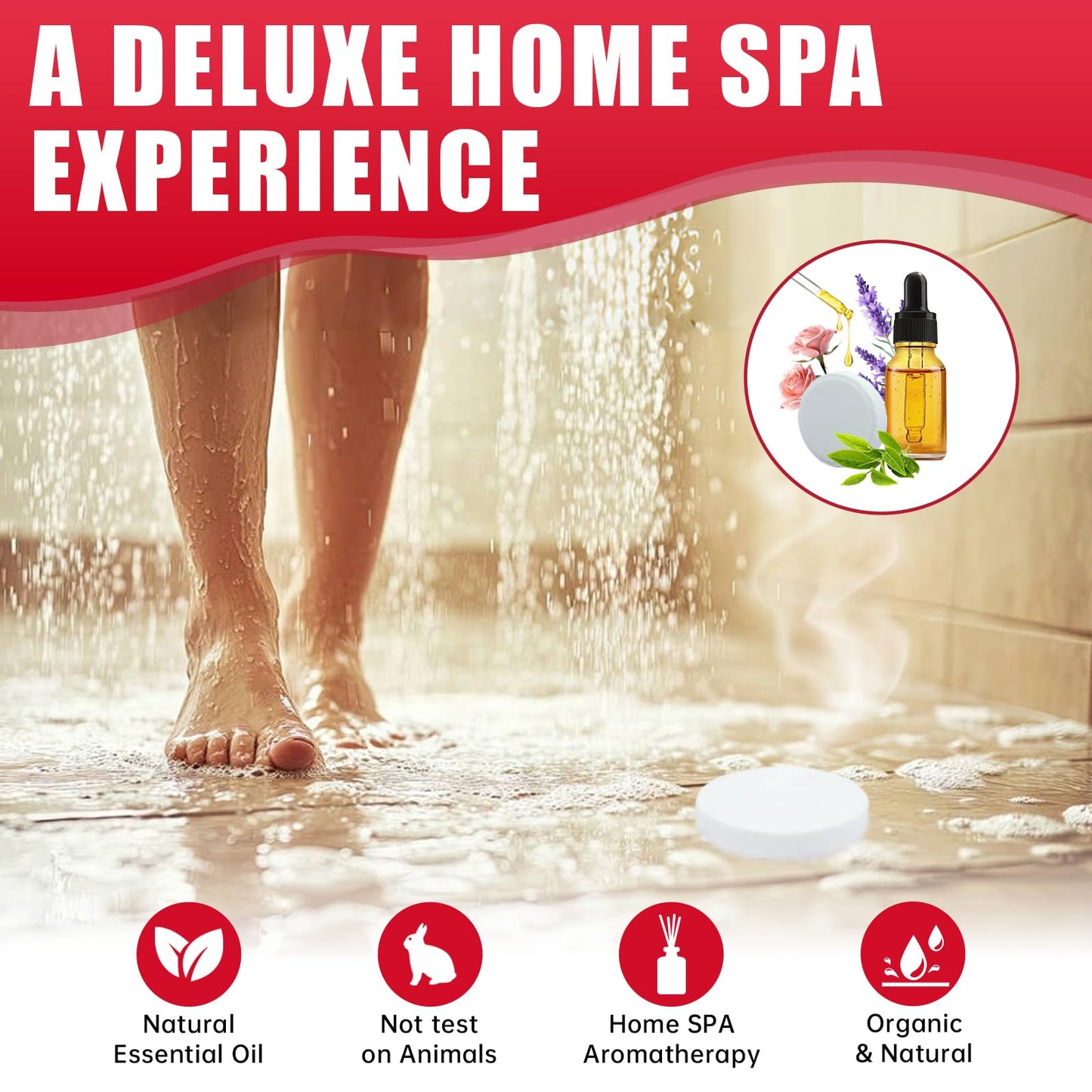 Aromatherapy shower tablet dissolving on a bathroom floor releasing therapeutic essential oil steam