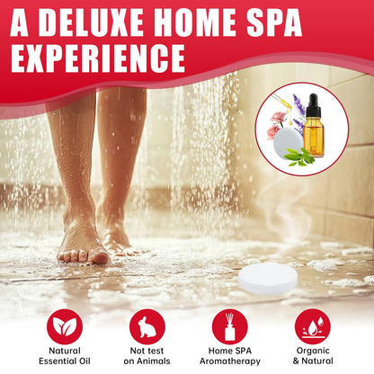 Aromatherapy shower tablet dissolving on a bathroom floor releasing therapeutic essential oil steam