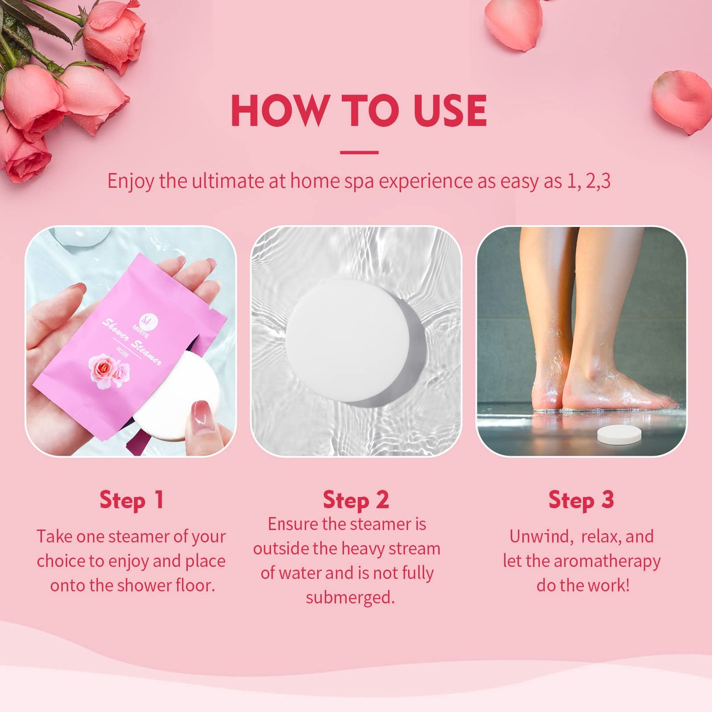 Back packaging details and safety instructions for MR MIRYE organic aromatherapy shower bombs
