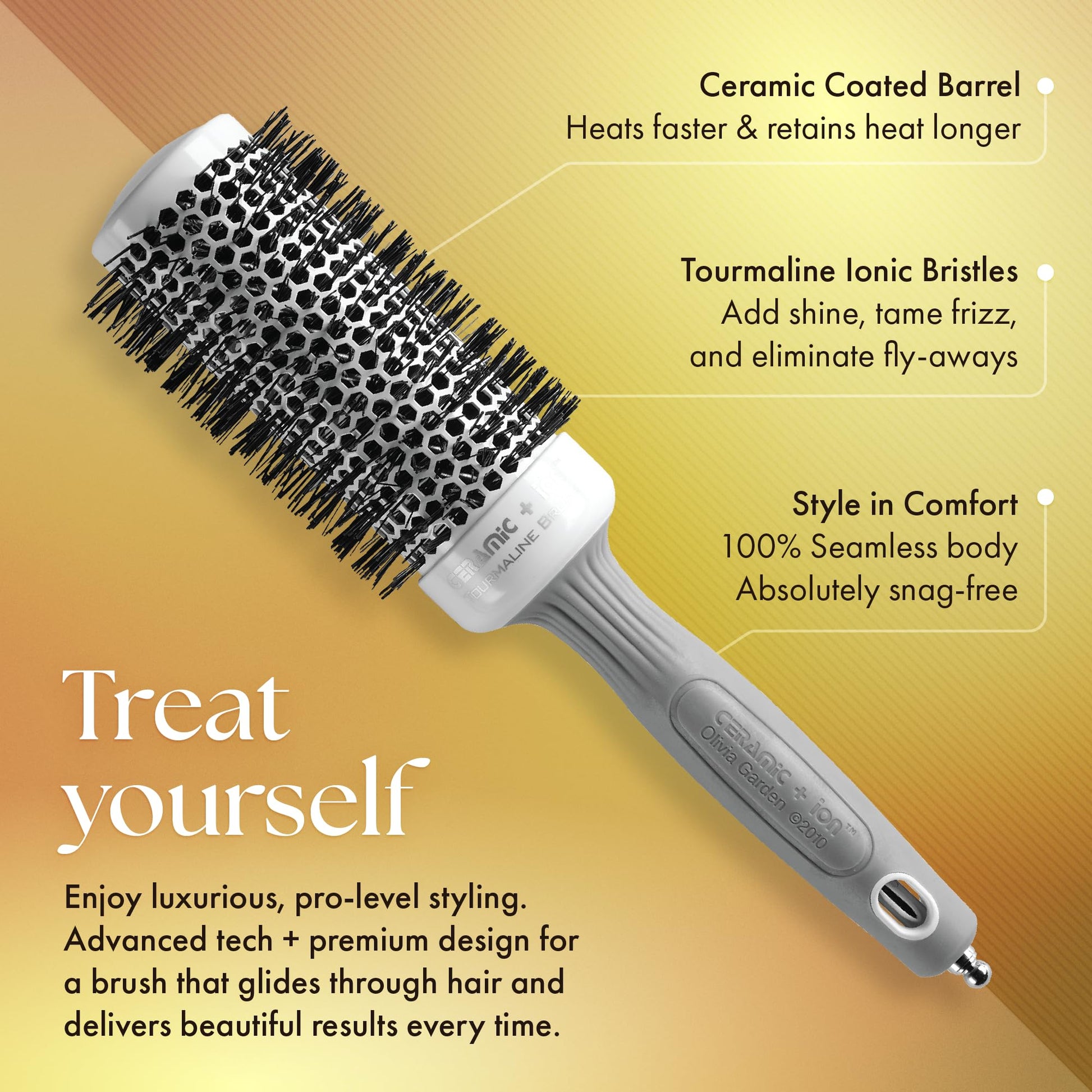 Olivia Garden tourmaline ionic styling brush detailing the anti static soft tip nylon bristles.