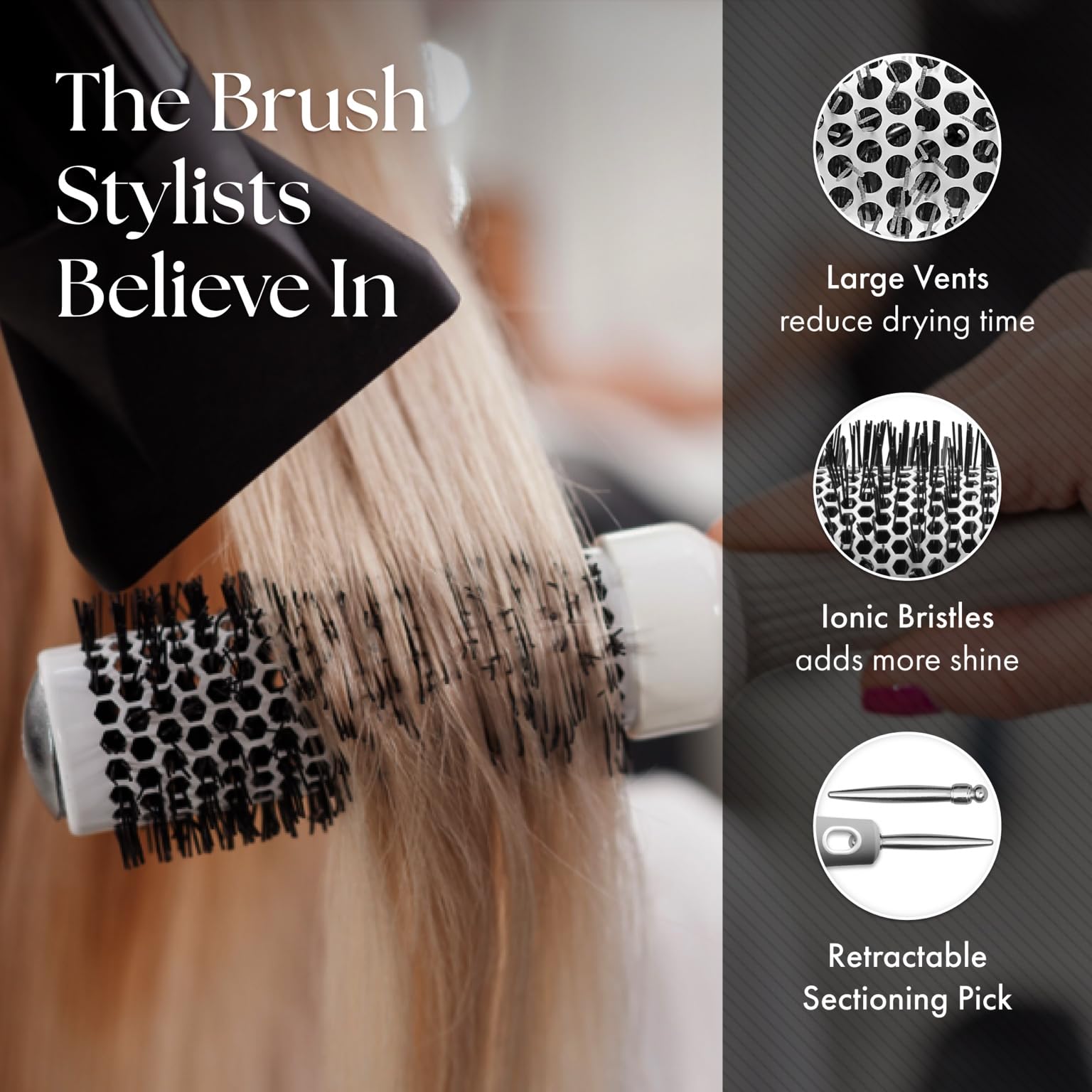 Olivia Garden thermal round hair brush displaying the ergonomic non slip handle with the retractable sectioning pick extended.