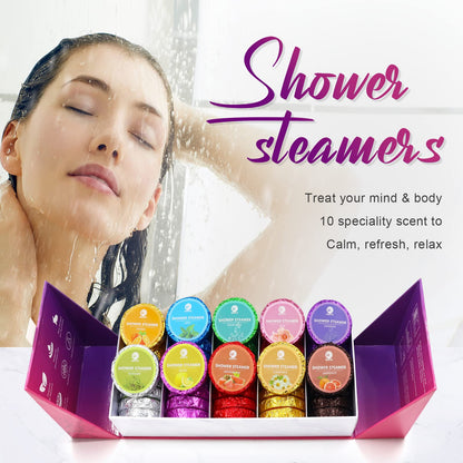 Ten different organic essential oil scents of individual shower tablets displayed out of the box.
