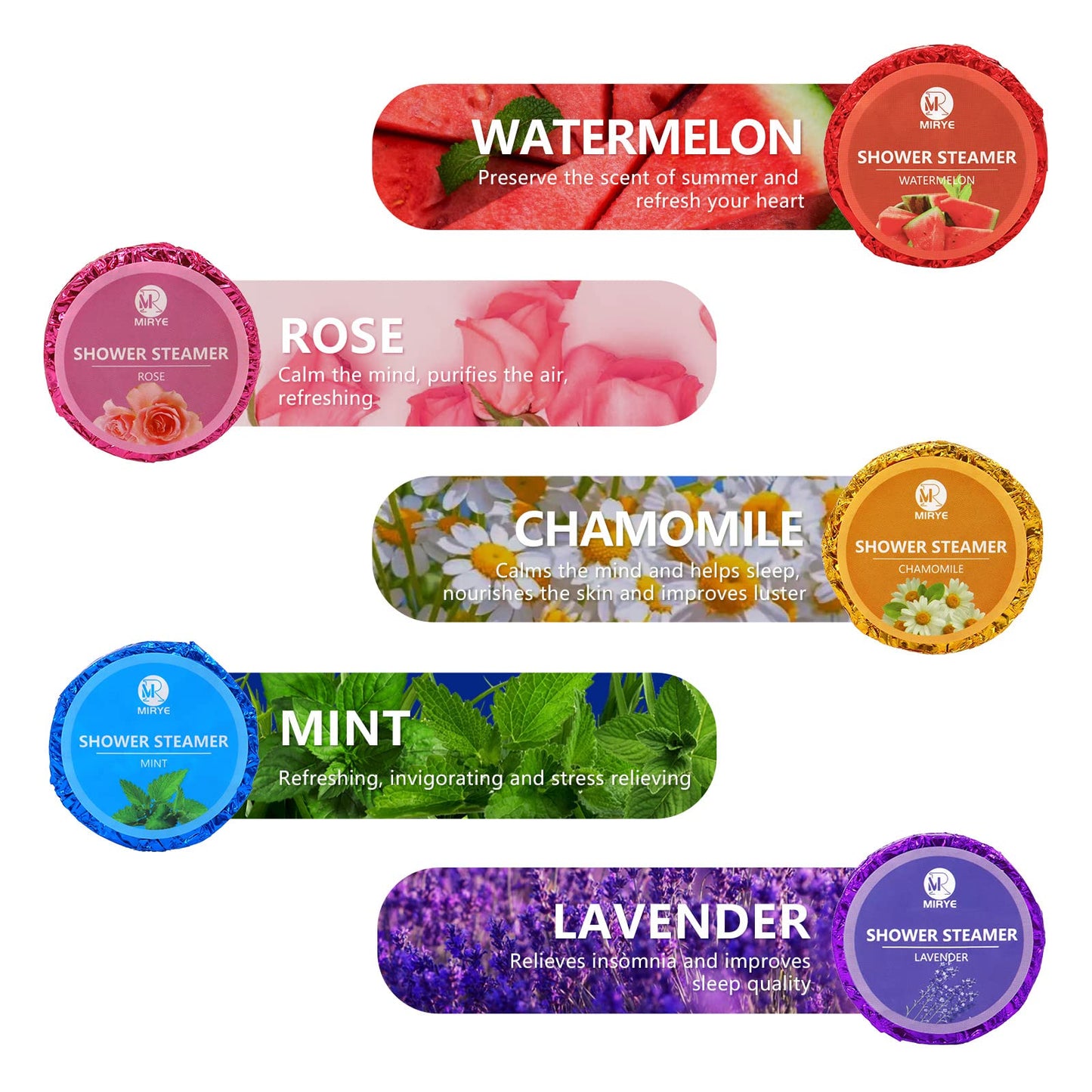 Close up of an open MR MIRYE wellness gift box containing forty pieces of shower steamers.