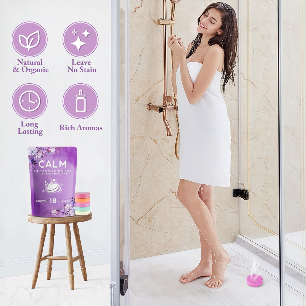 Assorted pastel shower steamer tablets displayed for home spa use