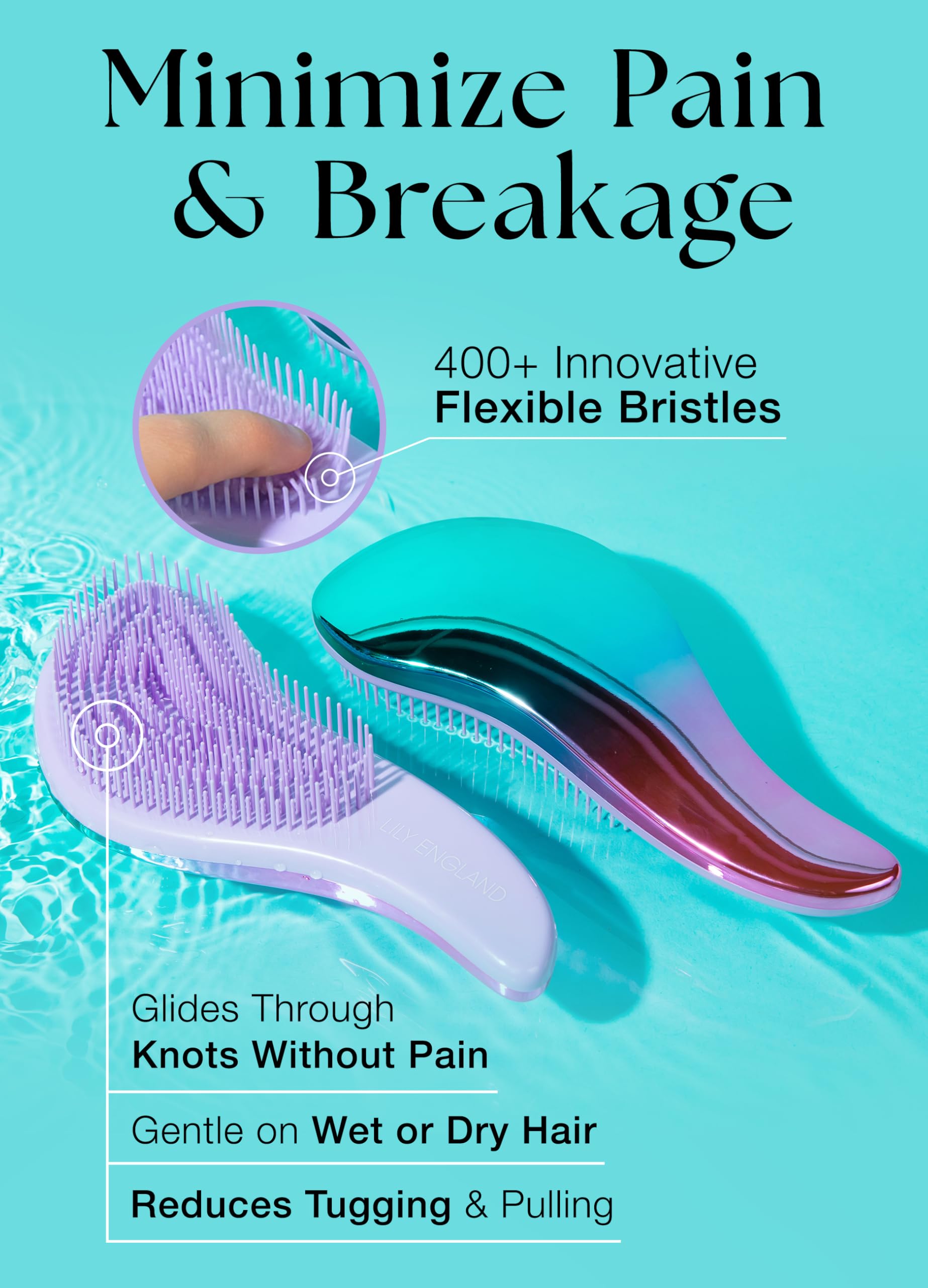 Close up of Lily England detangling brush flexible nylon bristles for curly hair