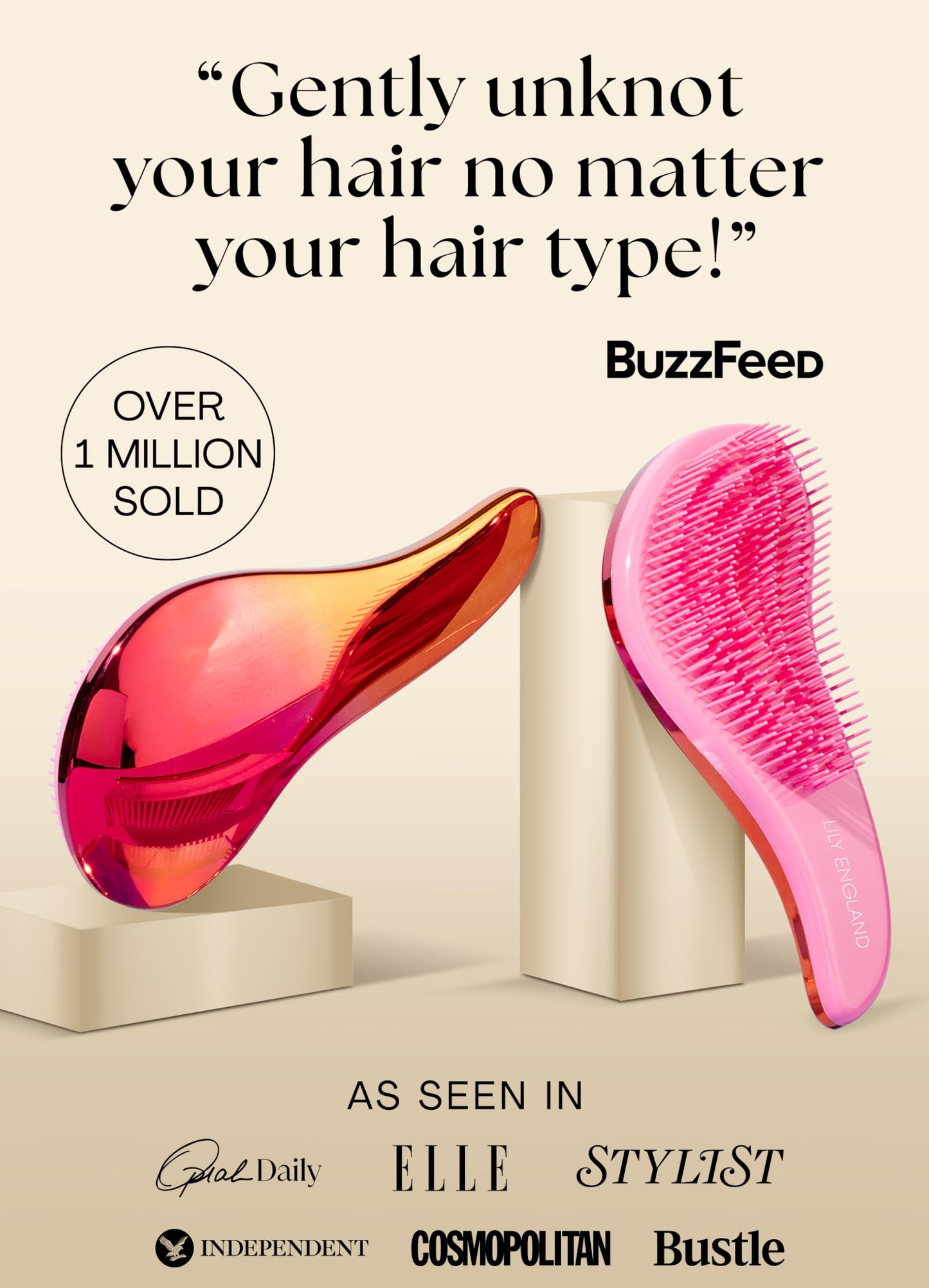 Side angle view of lightweight Lily England professional detangling brush packaging