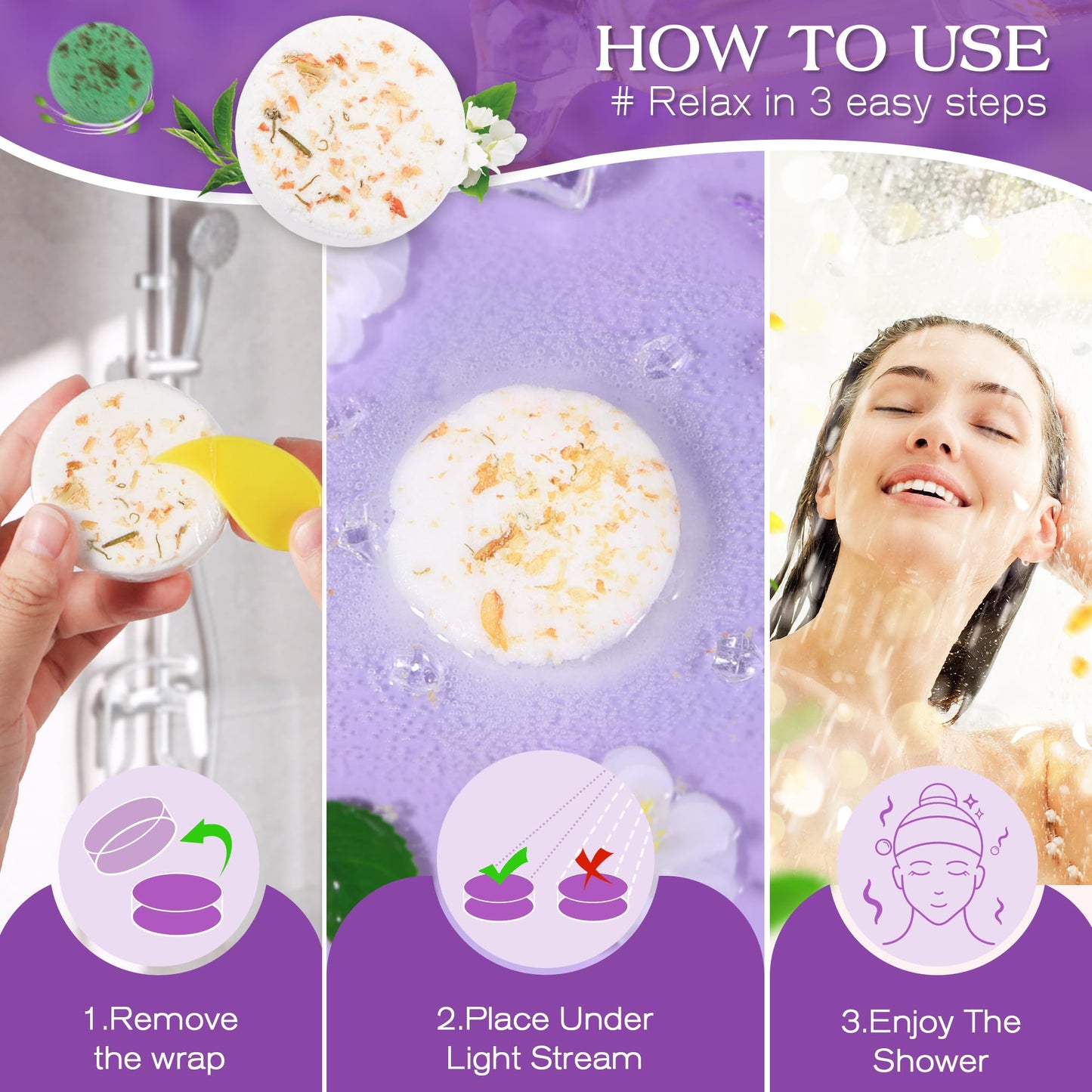 Relaxing lavender and eucalyptus shower tablets arranged neatly outside the premium gift box