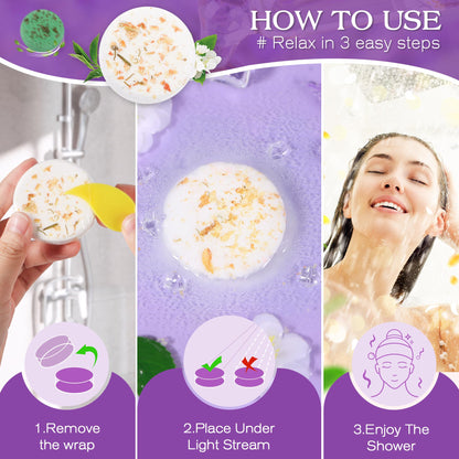 Relaxing lavender and eucalyptus shower tablets arranged neatly outside the premium gift box